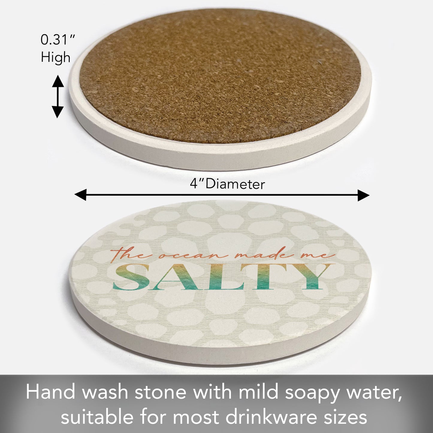 Thirstystone Salty Round Absorbent Stone Coaster with Protective Cork Backing Manufactured in The USA 4" Diameter