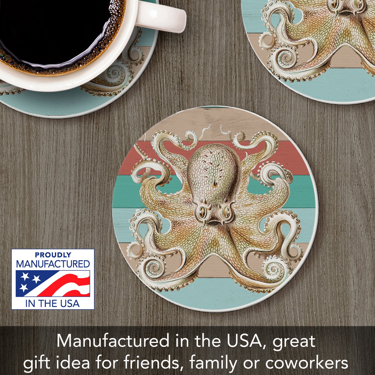 Thirstystone Octopus Round Absorbent Stone Coaster with Protective Cork Backing Manufactured in The USA 4" Diameter