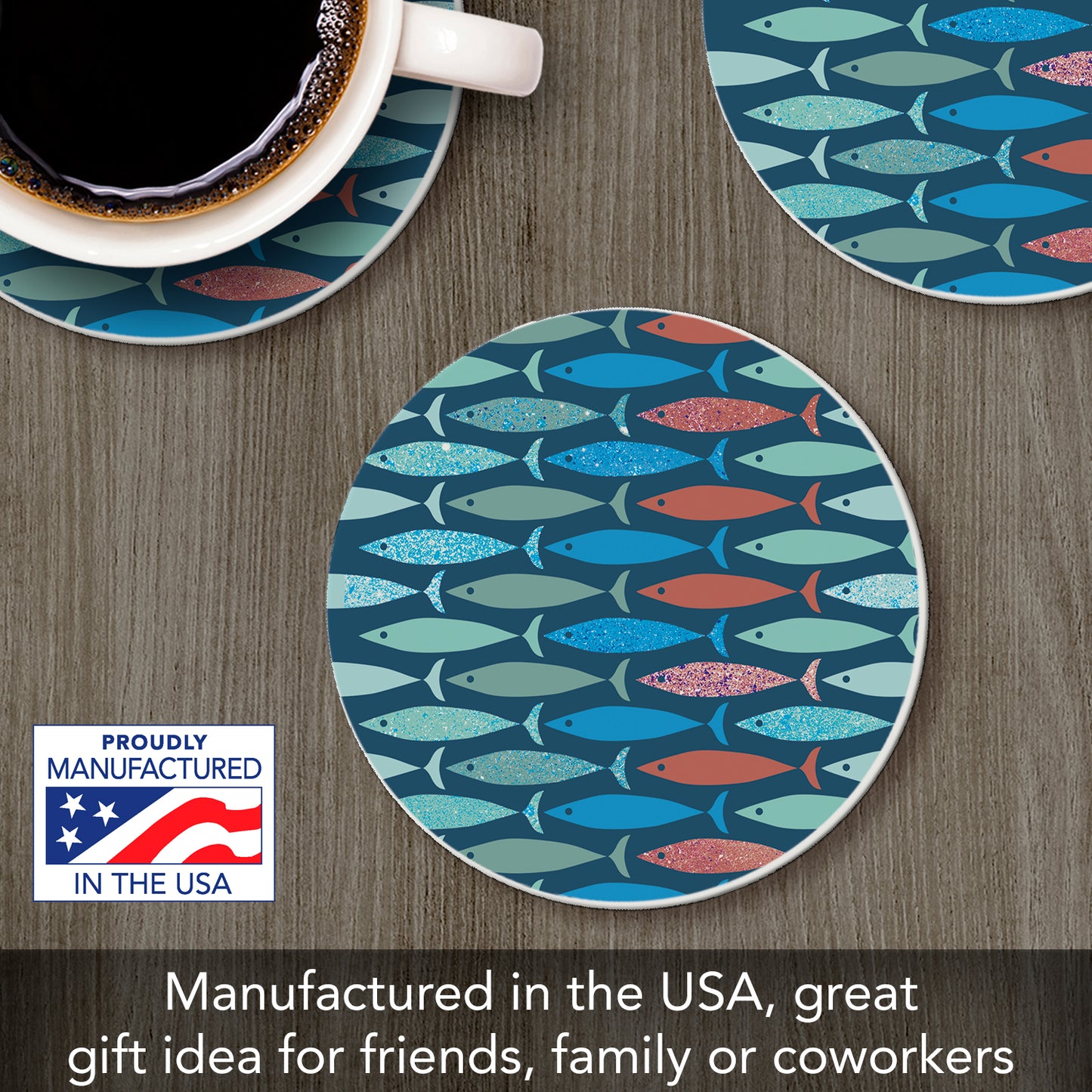 Thirstystone Coastal Fish Round Absorbent Stone Coaster with Protective Cork Backing Manufactured in The USA 4" Diameter