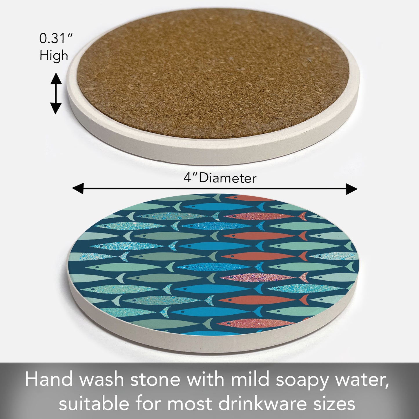 Thirstystone Coastal Fish Round Absorbent Stone Coaster with Protective Cork Backing Manufactured in The USA 4" Diameter