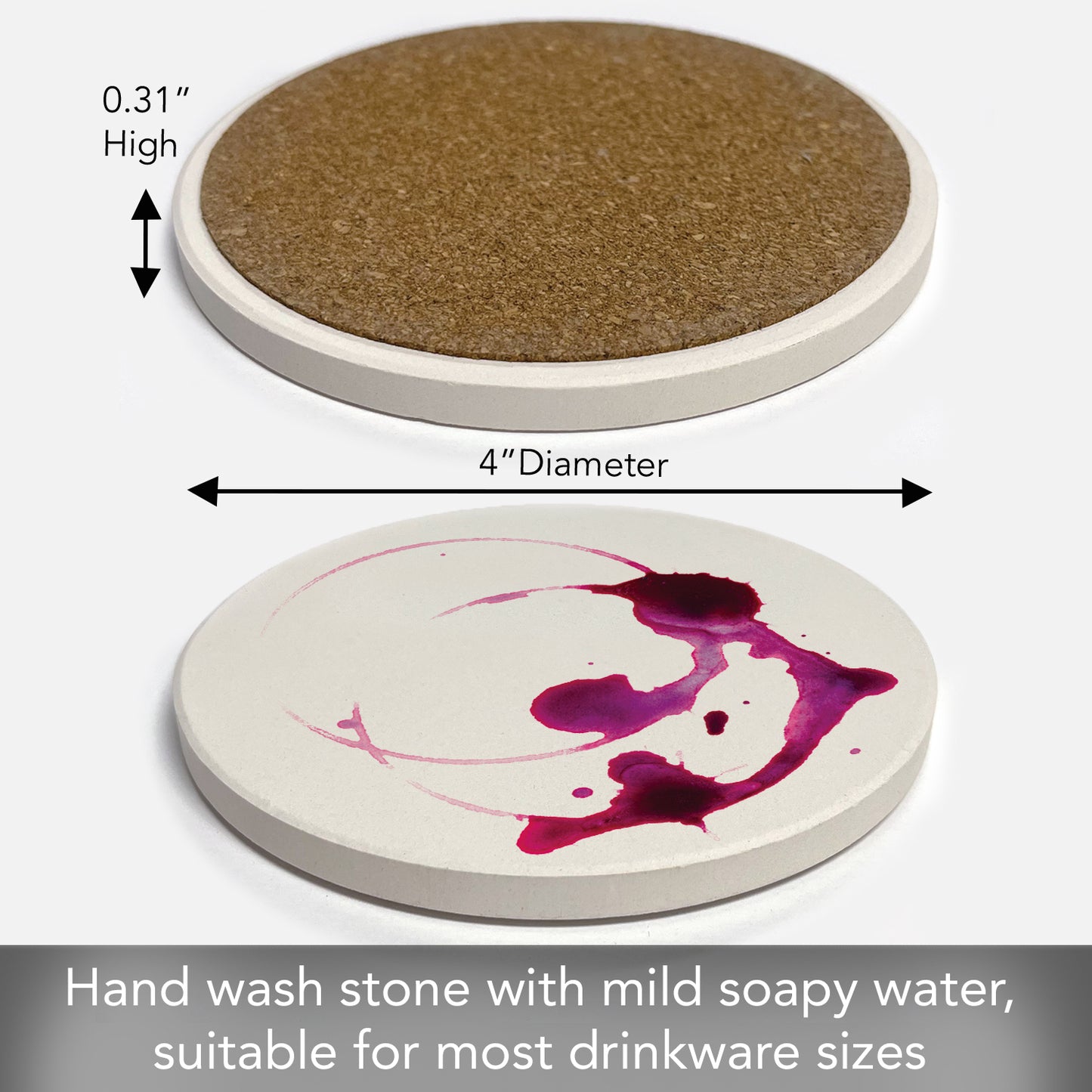 Thirstystone Wine Stain Single Round Absorbent Stone Coaster with Protective Cork Backing Manufactured in The USA 4" Diameter