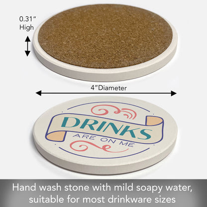 Thirstystone Drinks on Me Single Round Absorbent Stone Coaster with Protective Cork Backing Manufactured in The USA 4" Diameter