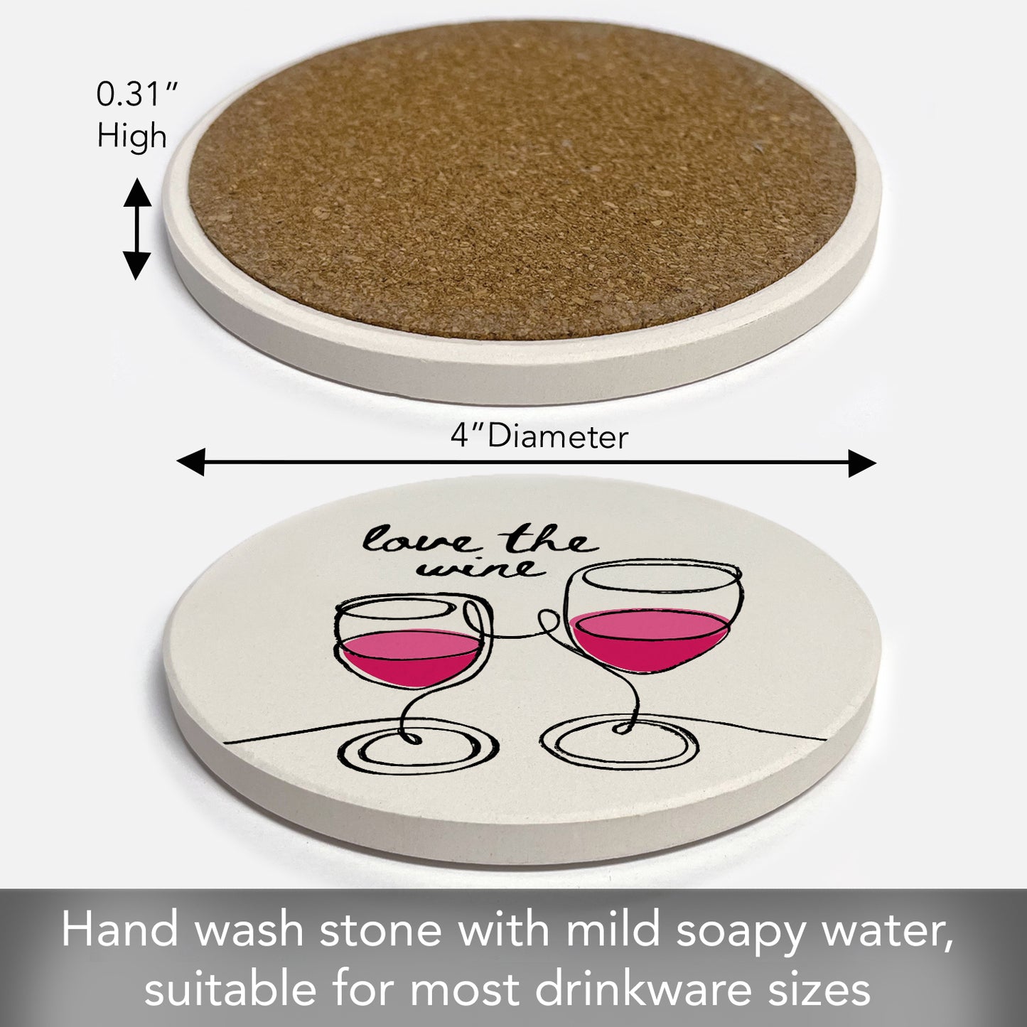Thirstystone Love The Wine Single Round Absorbent Stone Coaster with Protective Cork Backing Manufactured in The USA 4" Diameter