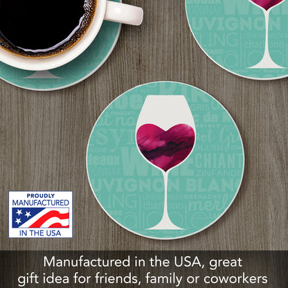 Thirstystone Wine Glass Heart Single Round Absorbent Stone Coaster with Protective Cork Backing Manufactured in The USA 4" Diameter