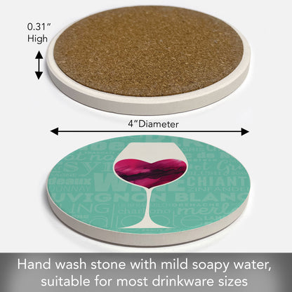 Thirstystone Wine Glass Heart Single Round Absorbent Stone Coaster with Protective Cork Backing Manufactured in The USA 4" Diameter