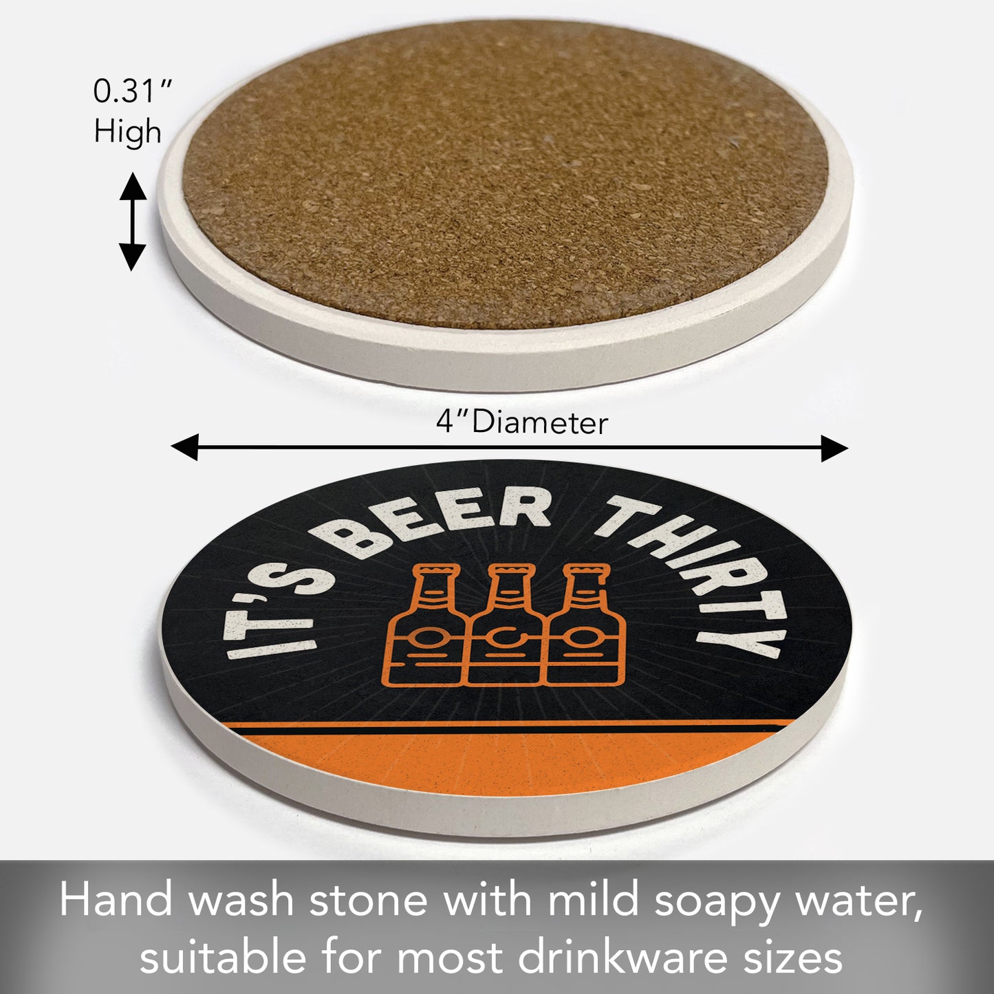 Thirstystone Beer Thirty Single Round Absorbent Stone Coaster with Protective Cork Backing Manufactured in The USA 4" Diameter