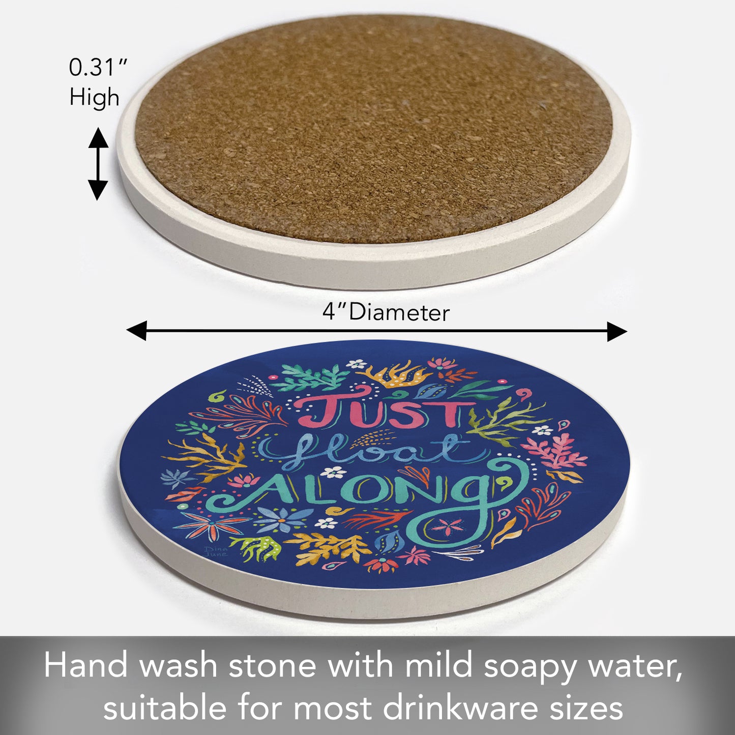 Thirstystone Float Along Single Round Absorbent Stone Coaster with Protective Cork Backing Manufactured in The USA 4" Diameter
