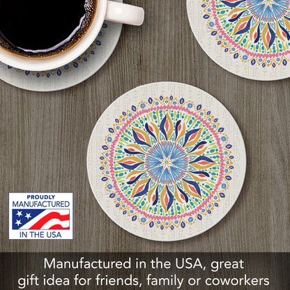 Thirstystone Coastal Mandala Single Round Absorbent Stone Coaster with Protective Cork Backing Manufactured in The USA 4" Diameter