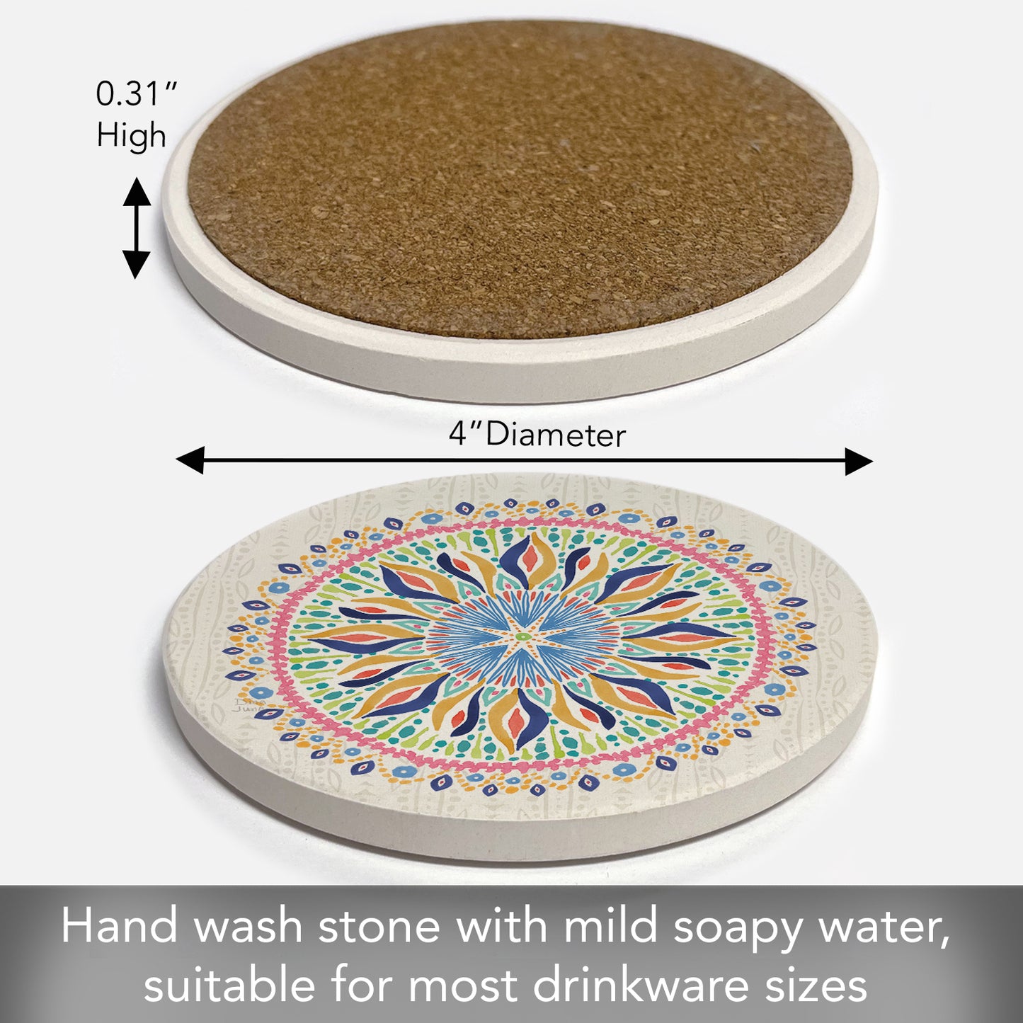 Thirstystone Coastal Mandala Single Round Absorbent Stone Coaster with Protective Cork Backing Manufactured in The USA 4" Diameter