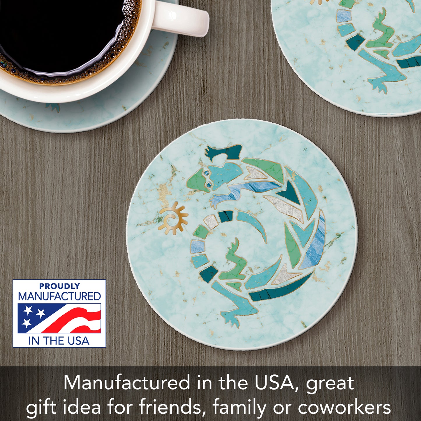Thirstystone Marble Gecko Single Round Absorbent Stone Coaster with Protective Cork Backing Manufactured in The USA 4" Diameter