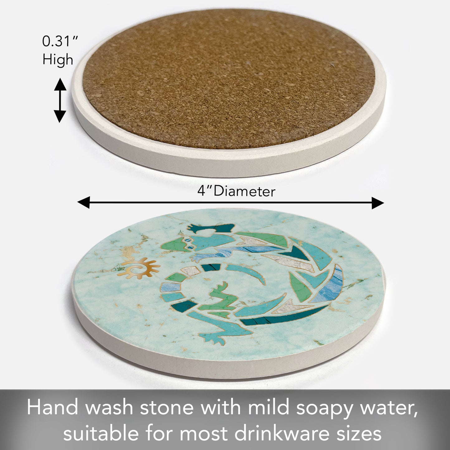 Thirstystone Marble Gecko Single Round Absorbent Stone Coaster with Protective Cork Backing Manufactured in The USA 4" Diameter