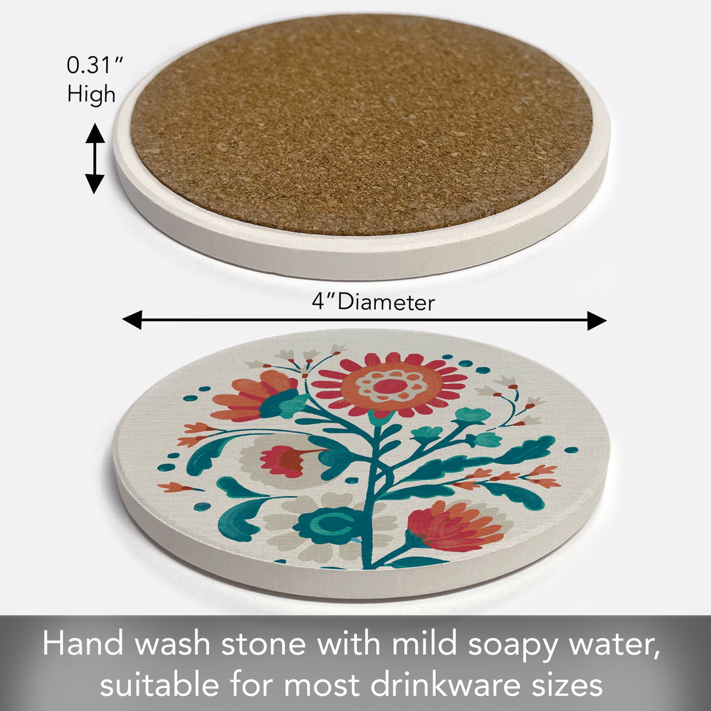 Thirstystone Otomi Flower Single Round Absorbent Stone Coaster with Protective Cork Backing Manufactured in The USA 4" Diameter