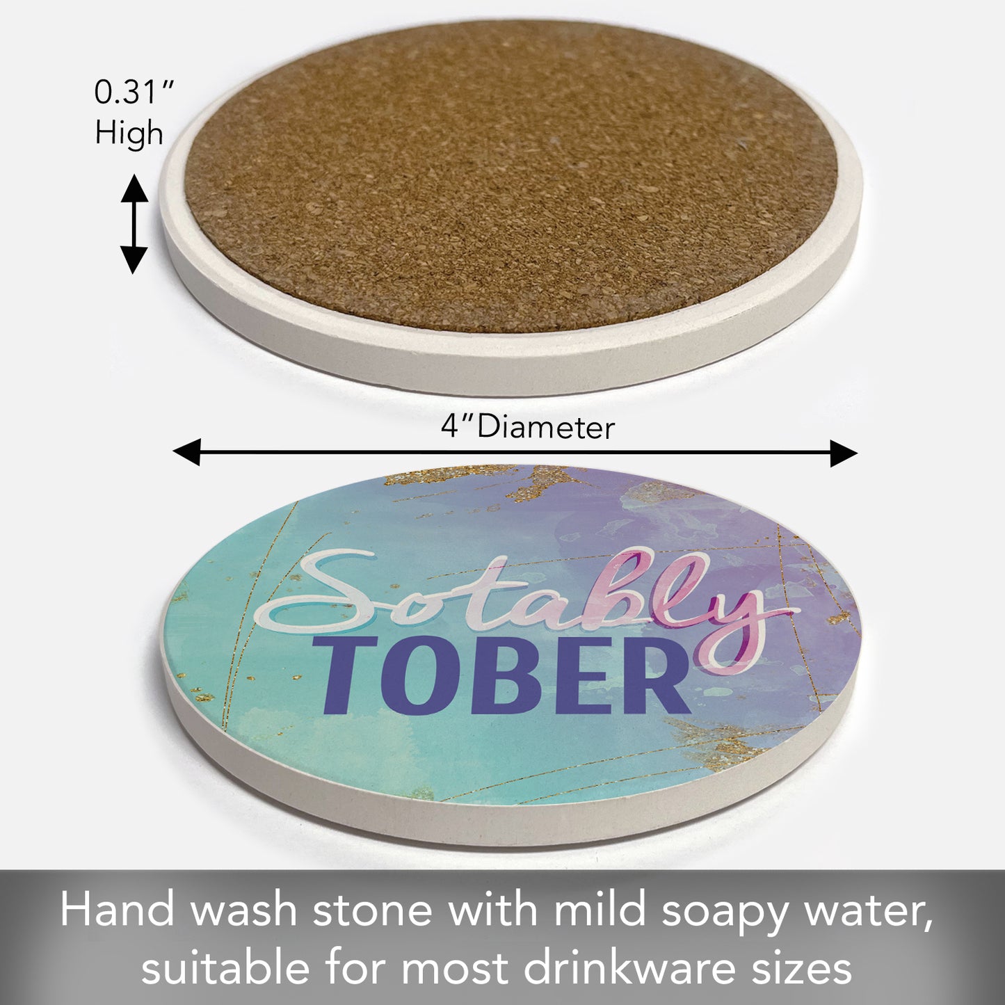 Thirstystone Sober Single Round Absorbent Stone Coaster with Protective Cork Backing Manufactured in The USA 4" Diameter