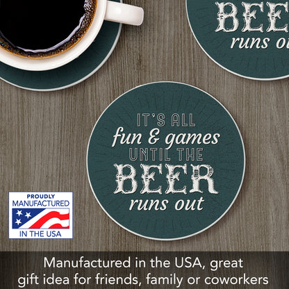 Thirstystone Beer Runs Out Single Round Absorbent Stone Coaster with Protective Cork Backing Manufactured in The USA 4" Diameter