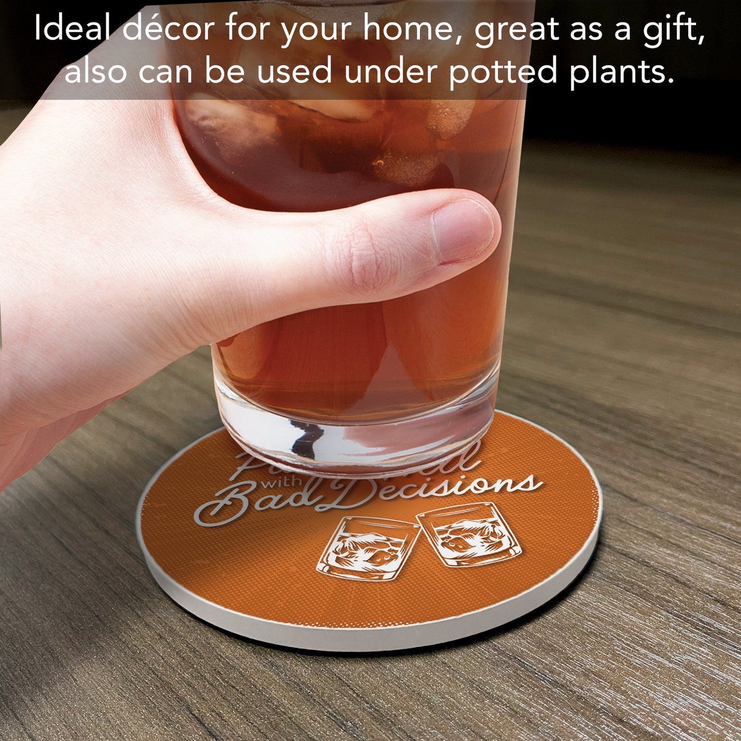 Thirstystone Bad Decisions Single Round Absorbent Stone Coaster with Protective Cork Backing Manufactured in The USA 4" Diameter