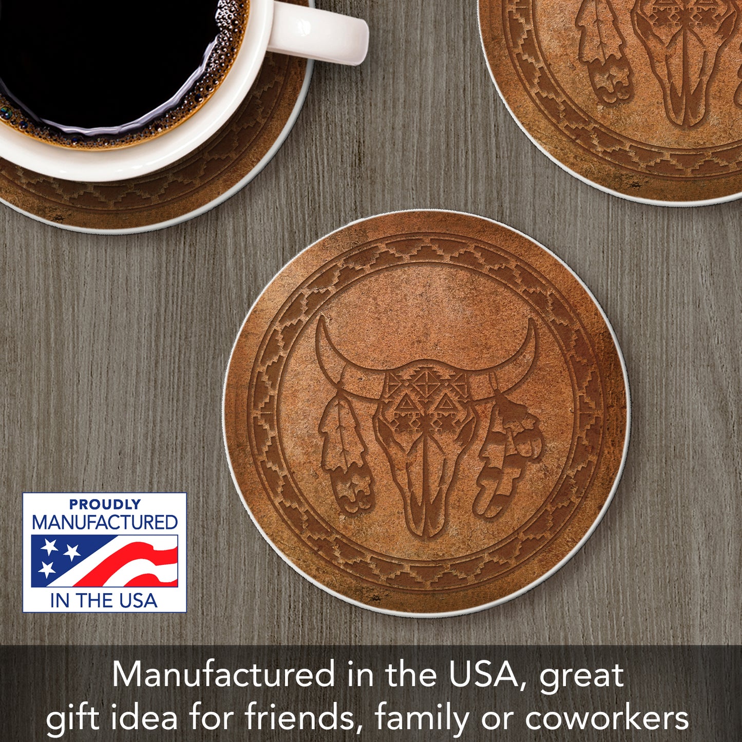 Thirstystone Leather Skull Single Round Absorbent Stone Coaster with Protective Cork Backing Manufactured in The USA 4" Diameter