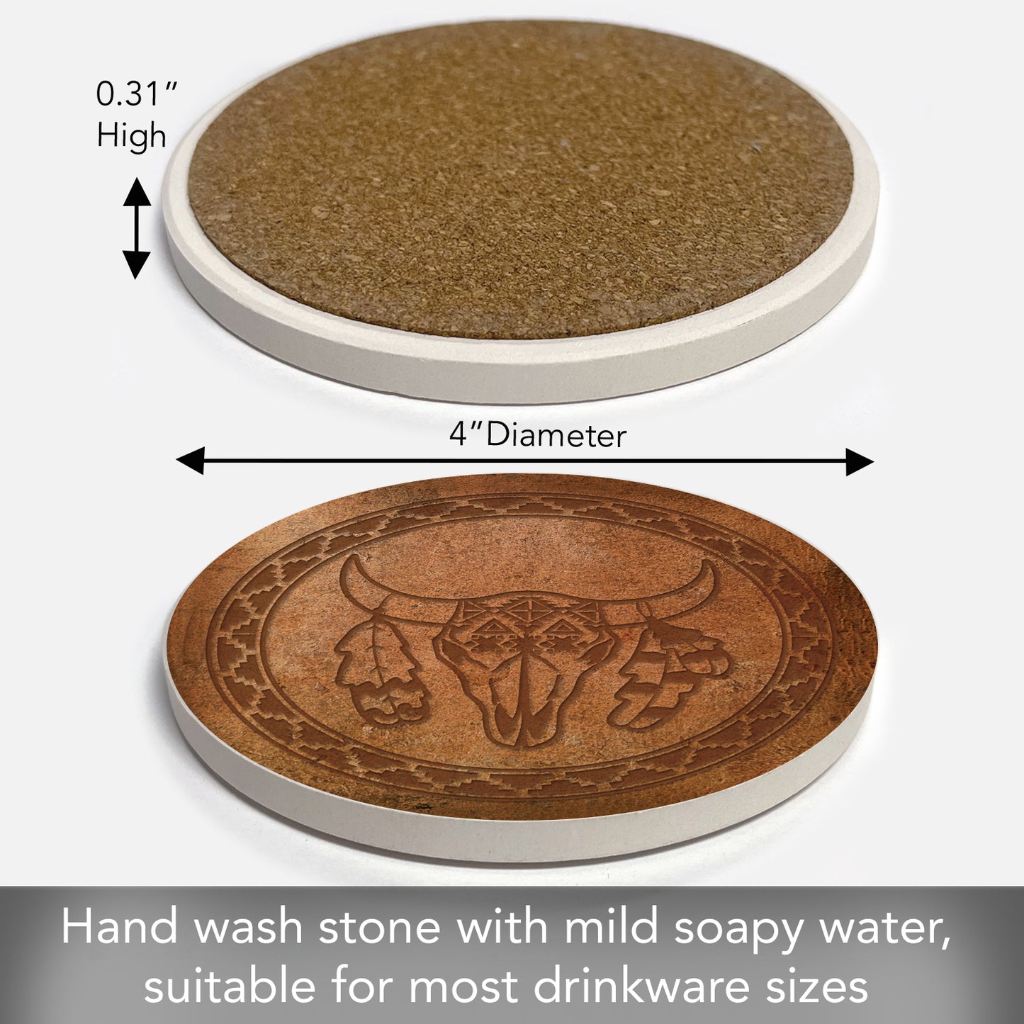 Thirstystone Leather Skull Single Round Absorbent Stone Coaster with Protective Cork Backing Manufactured in The USA 4" Diameter