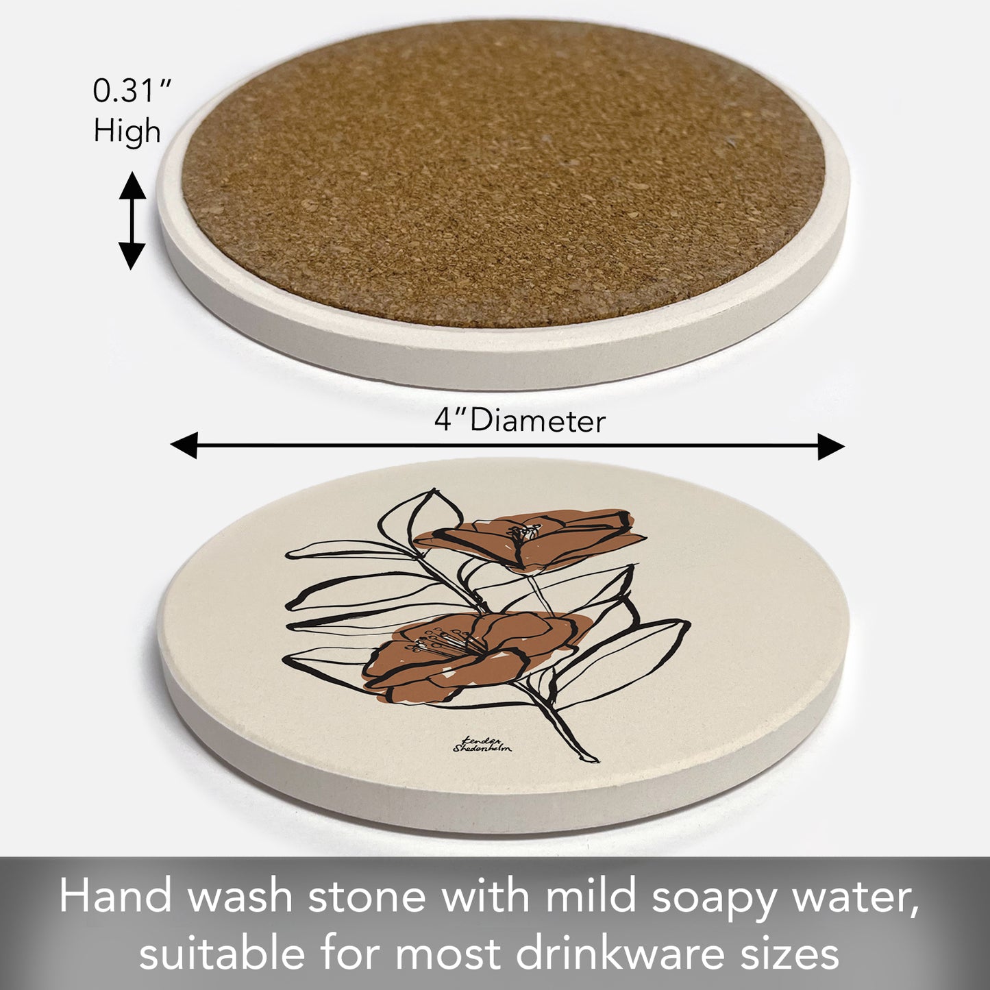 Thirstystone Mocha Flower Round Absorbent Stone Coaster with Protective Cork Backing Manufactured in The USA 4" Diameter