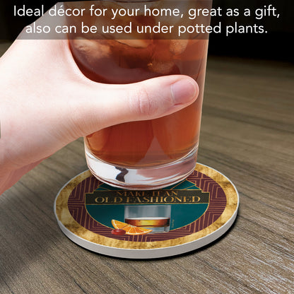 Gatsby Old Fashioned Single Round Absorbent Stone Coaster 4" Diameter Create Your Own Collection
