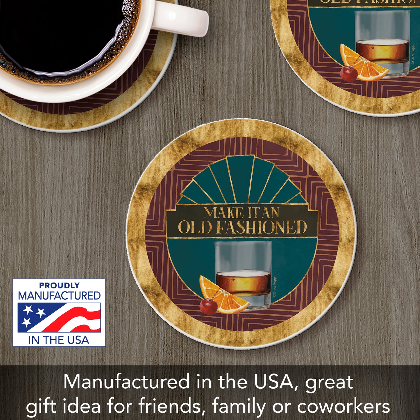 Gatsby Old Fashioned Single Round Absorbent Stone Coaster 4" Diameter Create Your Own Collection