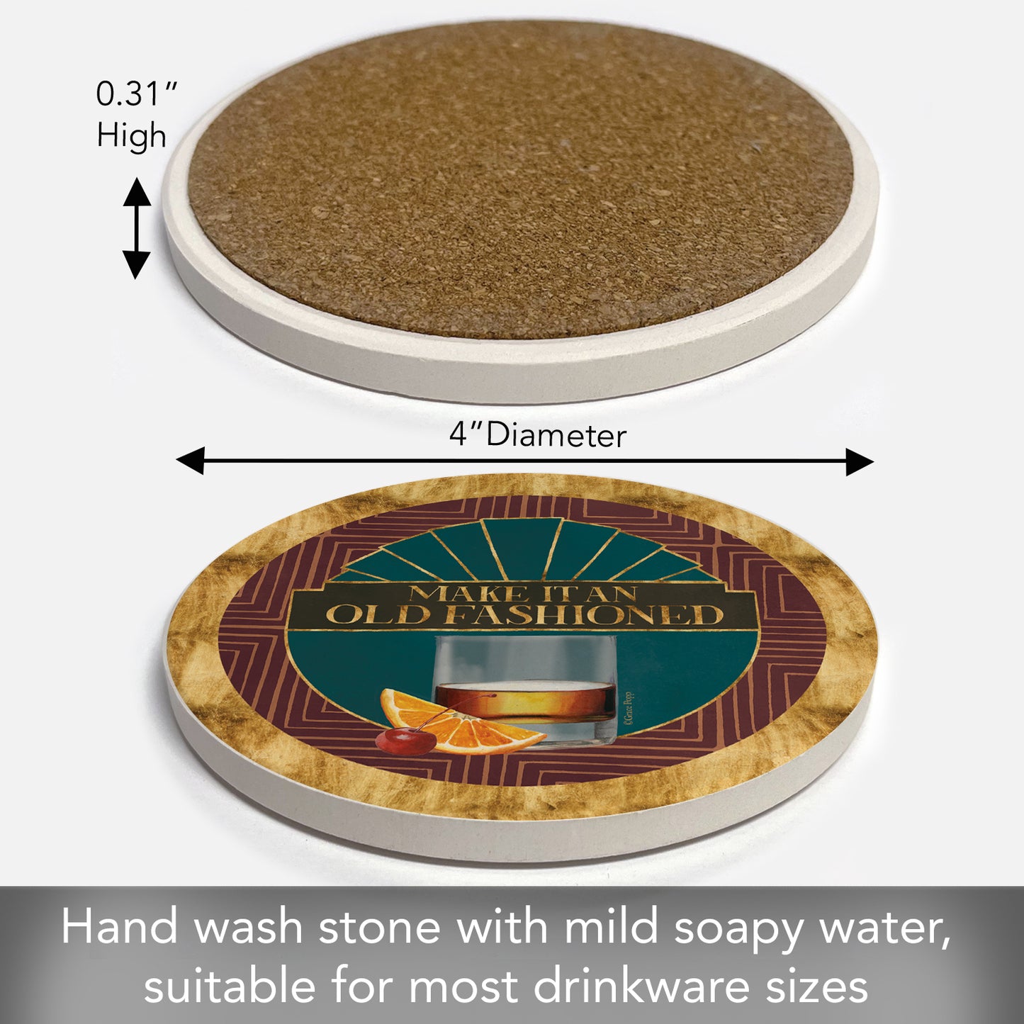 Gatsby Old Fashioned Single Round Absorbent Stone Coaster 4" Diameter Create Your Own Collection
