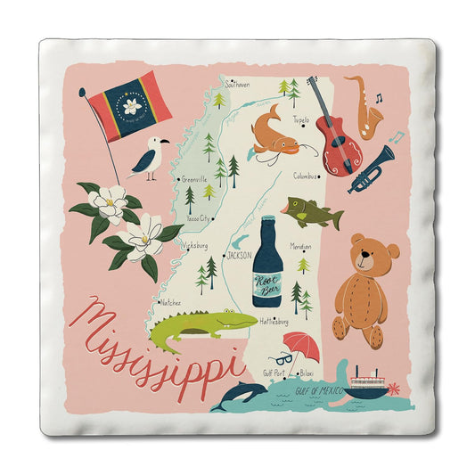 Thirstystone Mississippi Home State 4 Pack Tumbled Tile Stone Coasters 4" Square Manufactured in the USA