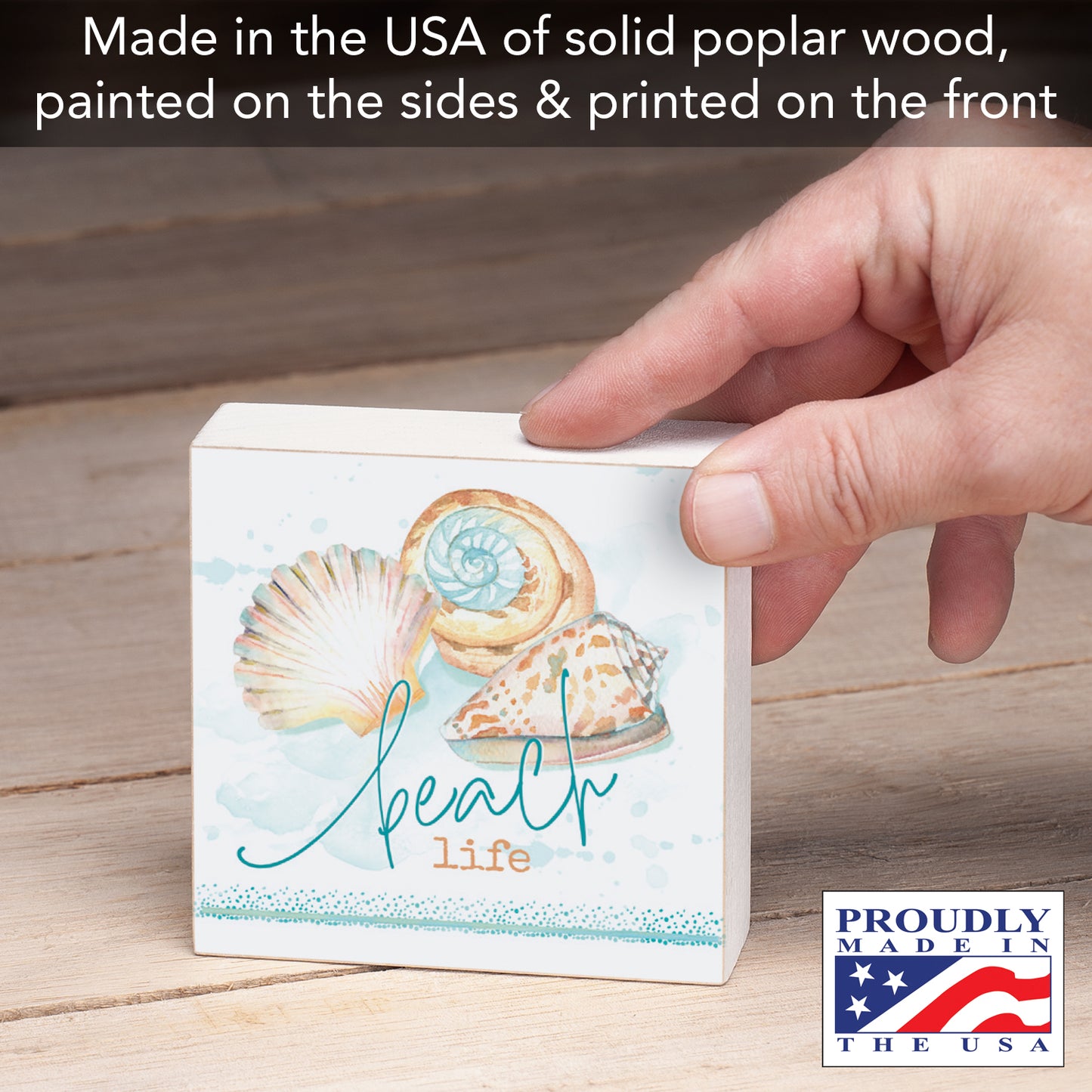 CounterArt "Beach Life" Artistic Solid Wood Block Sign 3.75” Square Made in the USA Colorful, Sturdy, Freestanding
