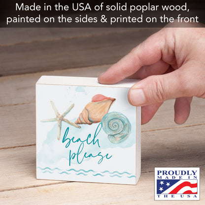 CounterArt "Beach Please Shells" Artistic Solid Wood Block Sign 3.75” x 3.75” Made in the USA For Office or Home Design