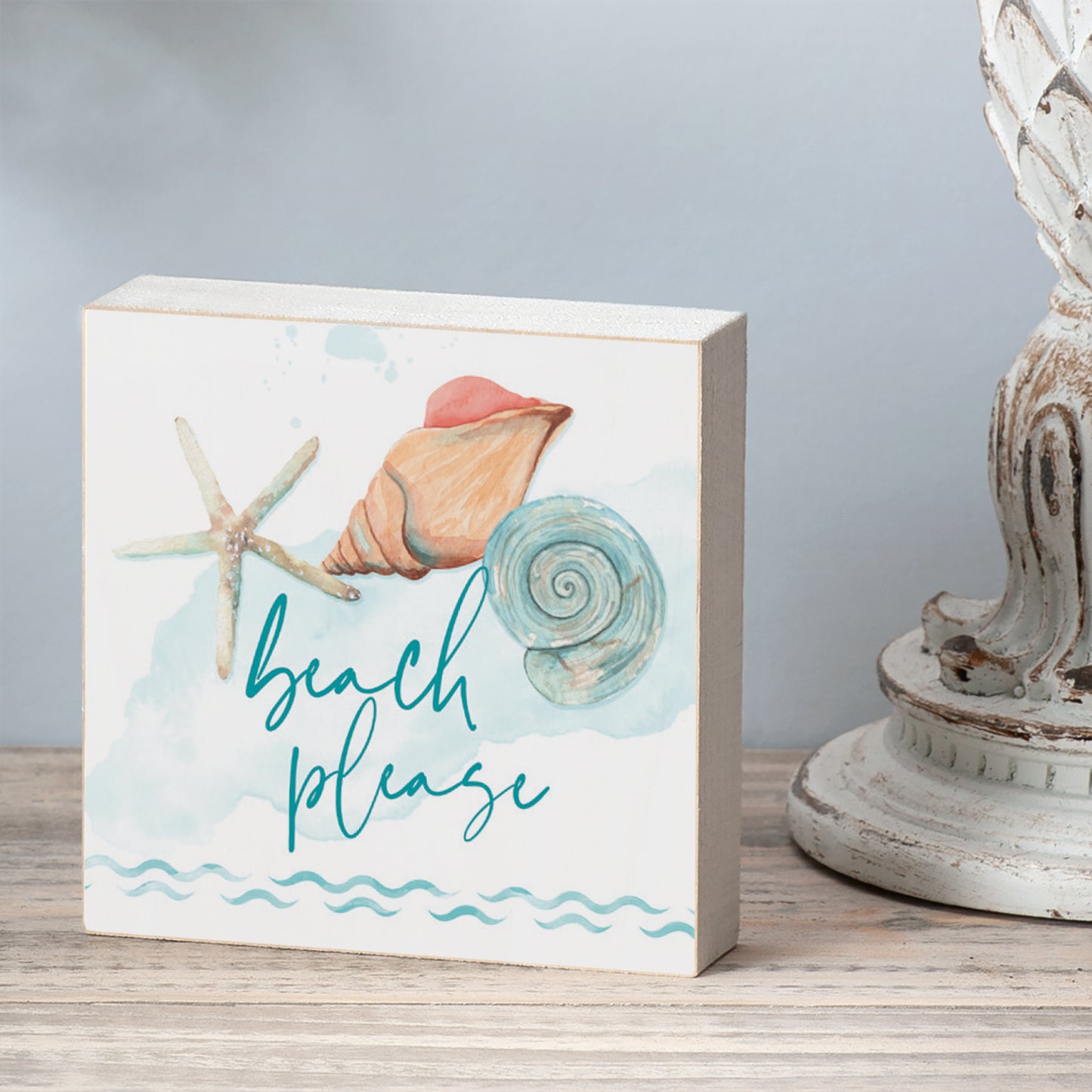 CounterArt "Beach Please Shells" Artistic Solid Wood Block Sign 3.75” x 3.75” Made in the USA For Office or Home Design