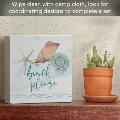 CounterArt "Beach Please Shells" Artistic Solid Wood Block Sign 3.75” x 3.75” Made in the USA For Office or Home Design