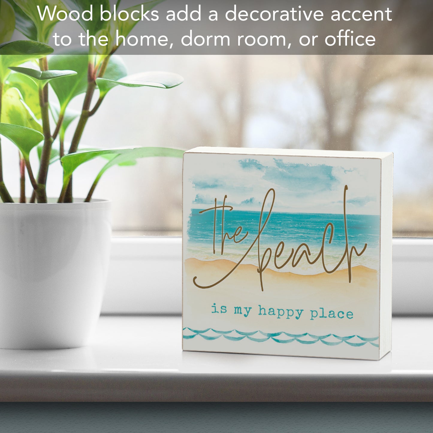 CounterArt "The Beach is My Happy Place" Artistic Freestanding Solid Wood Block Sign 3.75” x 3.75” Made in the USA For Home or Office Design