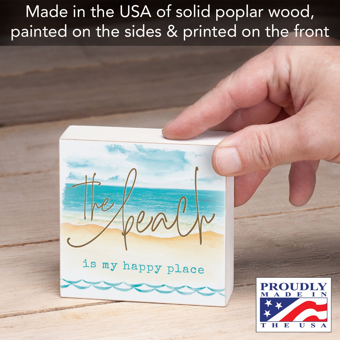 CounterArt "The Beach is My Happy Place" Artistic Freestanding Solid Wood Block Sign 3.75” x 3.75” Made in the USA For Home or Office Design
