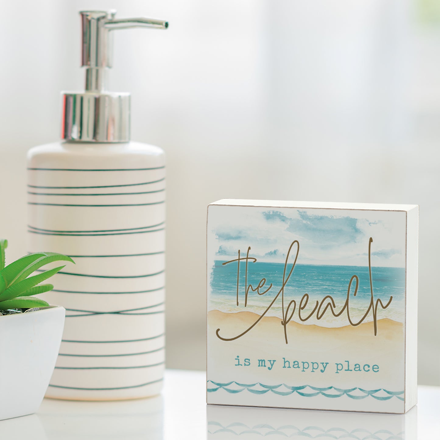 CounterArt "The Beach is My Happy Place" Artistic Freestanding Solid Wood Block Sign 3.75” x 3.75” Made in the USA For Home or Office Design