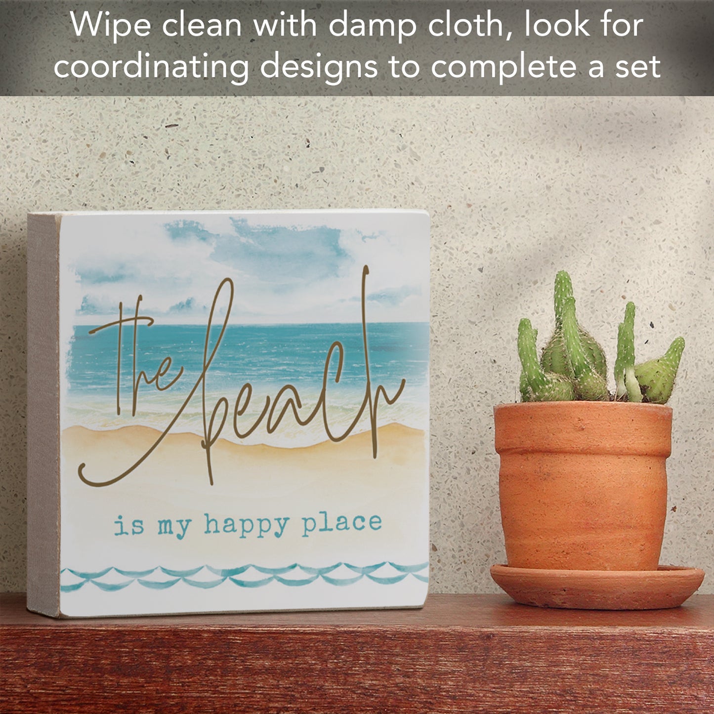 CounterArt "The Beach is My Happy Place" Artistic Freestanding Solid Wood Block Sign 3.75” x 3.75” Made in the USA For Home or Office Design