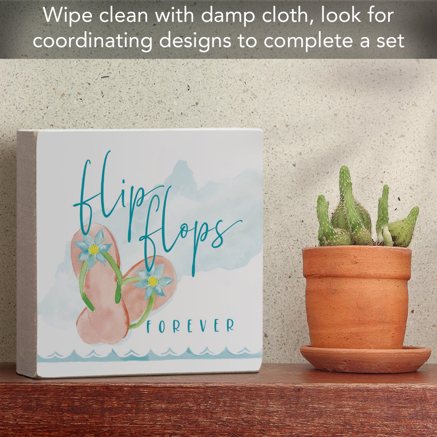CounterArt "Flip Flops Forever" Artistic Freestanding Solid Wood Block Sign 3.75” x 3.75” Made in the USA For Office or Home Design