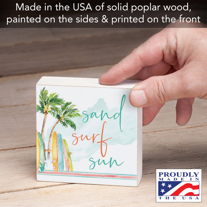 CounterArt "Sand Surf Sun" Artistic Freestanding Solid Wood Block Sign 3.75” by 3.75” Made in the USA
