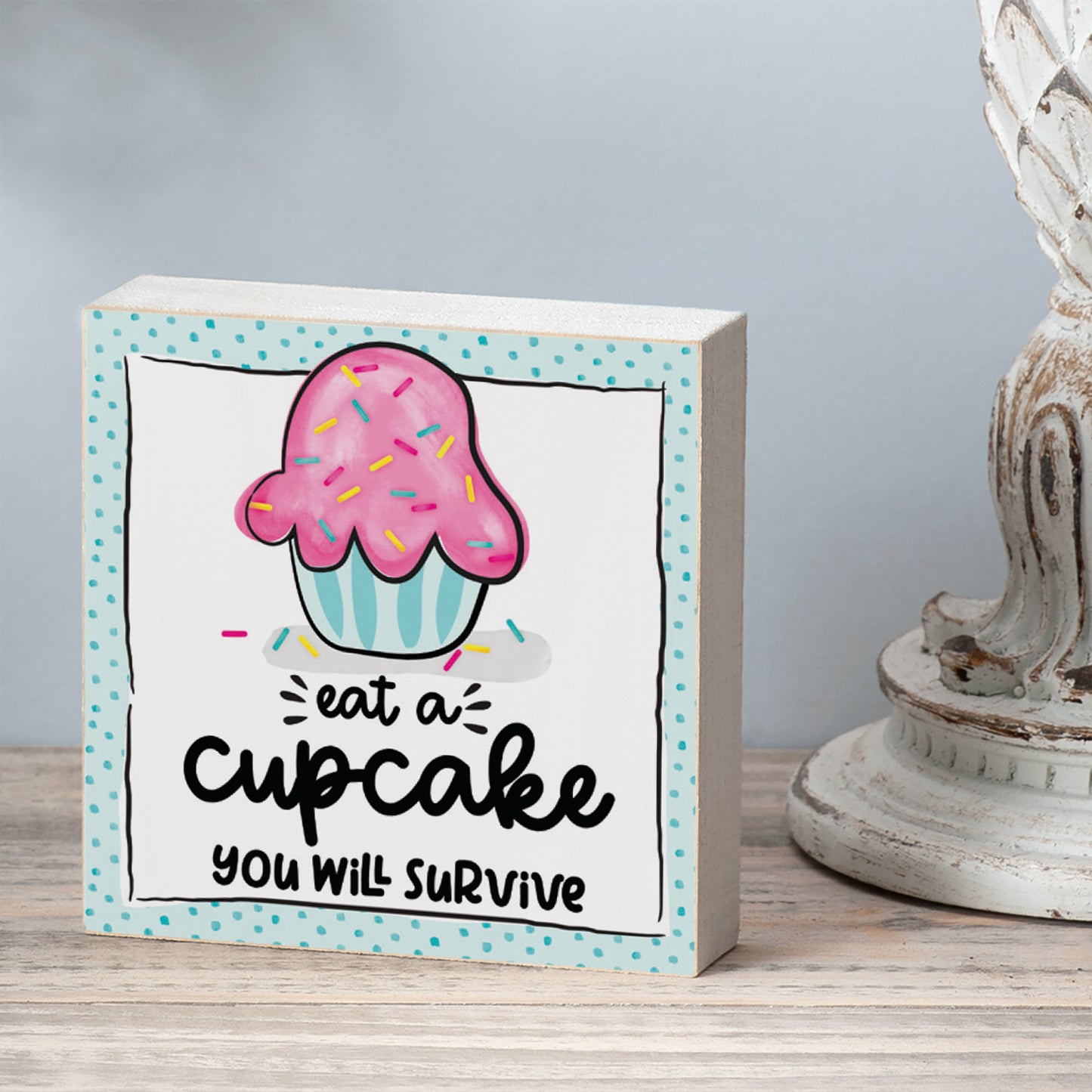 CounterArt "Eat A Cupcake" Artistic Freestanding Solid Wood Block Sign Made in the USA 3.75” Square Decorative Accent for Home or Office