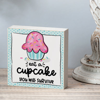 CounterArt "Eat A Cupcake" Artistic Freestanding Solid Wood Block Sign Made in the USA 3.75” Square Decorative Accent for Home or Office