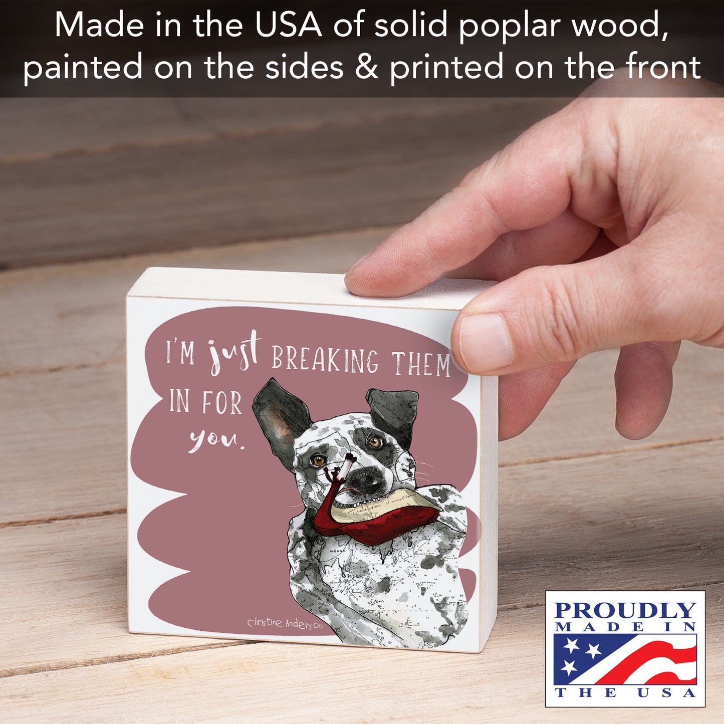 CounterArt Breaking Them In Artistic Freestanding Solid Wood Block Sign Made in the USA 3.75” Square Decorative Accent for Home or Office