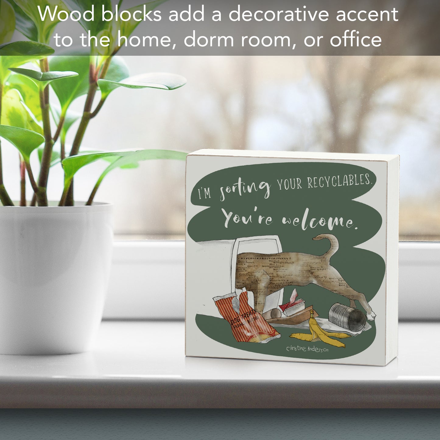 CounterArt Recyclables Artistic Freestanding Solid Wood Block Sign Made in the USA 3.75” Square Decorative Accent for Home or Office