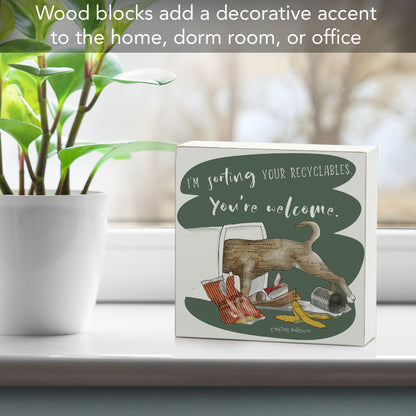 CounterArt Recyclables Artistic Freestanding Solid Wood Block Sign Made in the USA 3.75” Square Decorative Accent for Home or Office