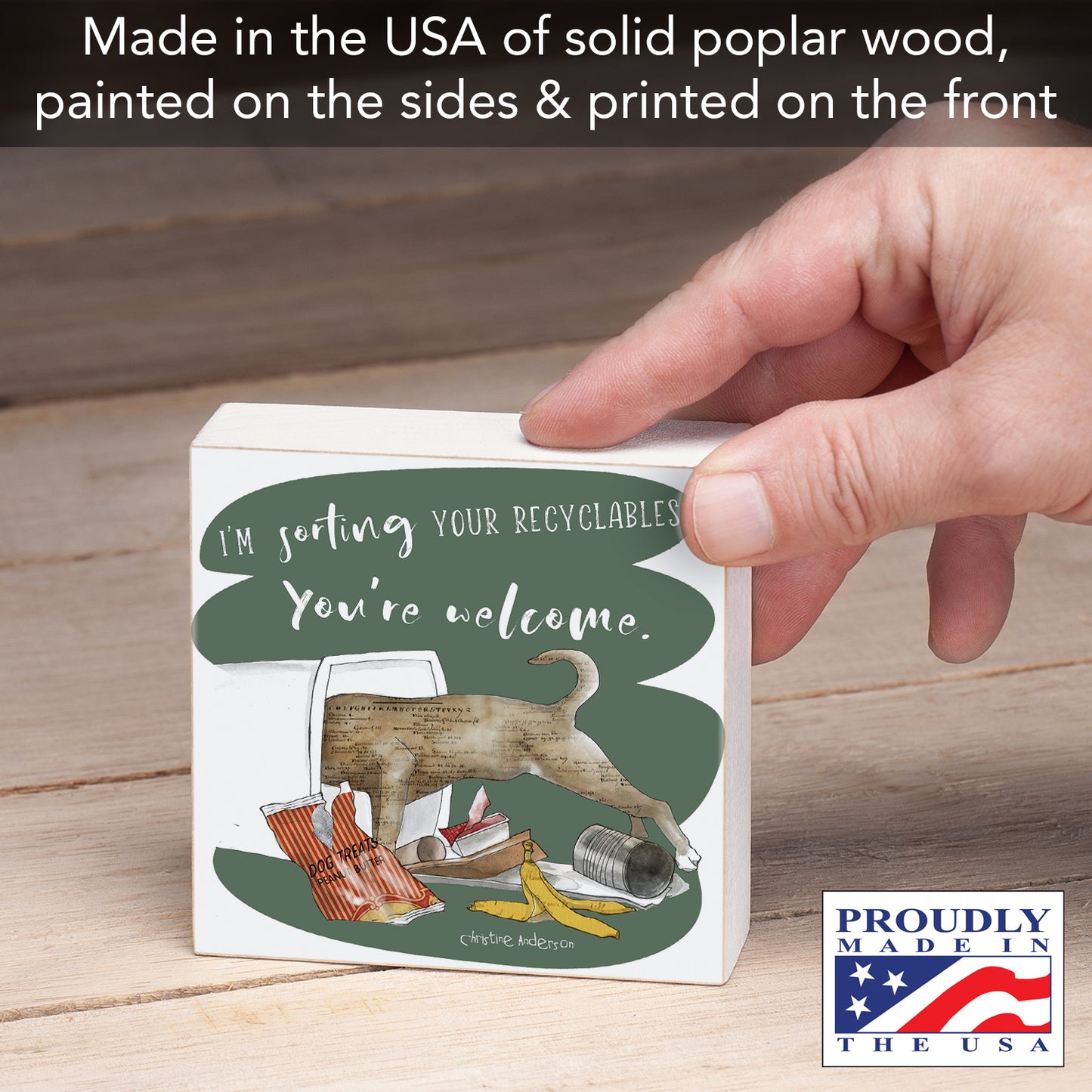 CounterArt Recyclables Artistic Freestanding Solid Wood Block Sign Made in the USA 3.75” Square Decorative Accent for Home or Office