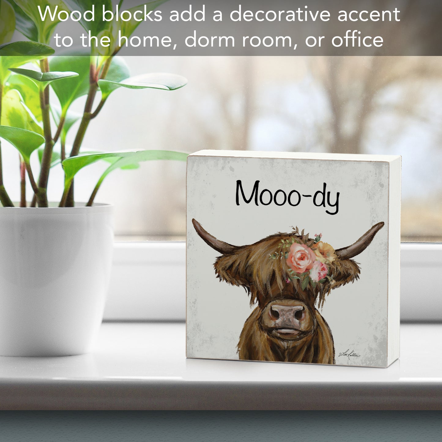 CounterArt Moody Freestanding Solid Wood Block Sign Made in the USA 3.75” Square Decorative Accent for Home or Office