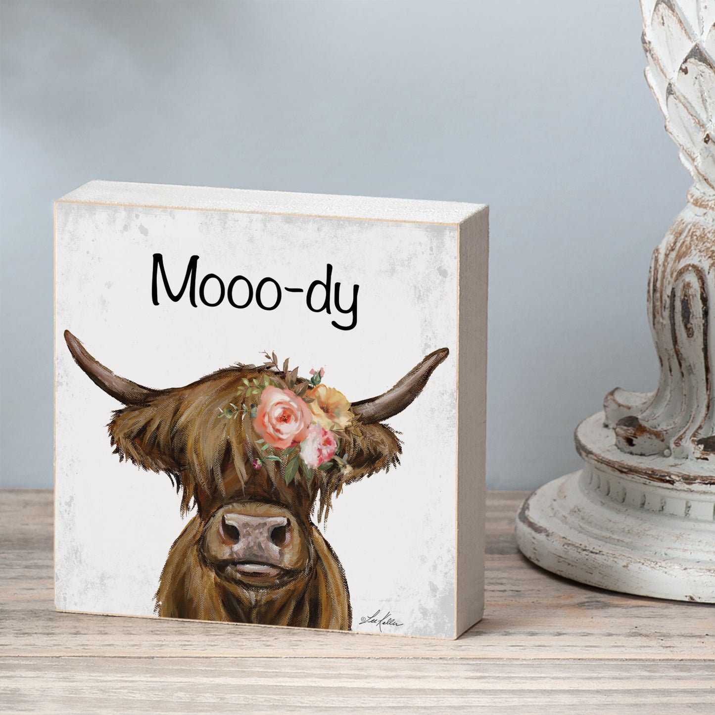 CounterArt Moody Freestanding Solid Wood Block Sign Made in the USA 3.75” Square Decorative Accent for Home or Office