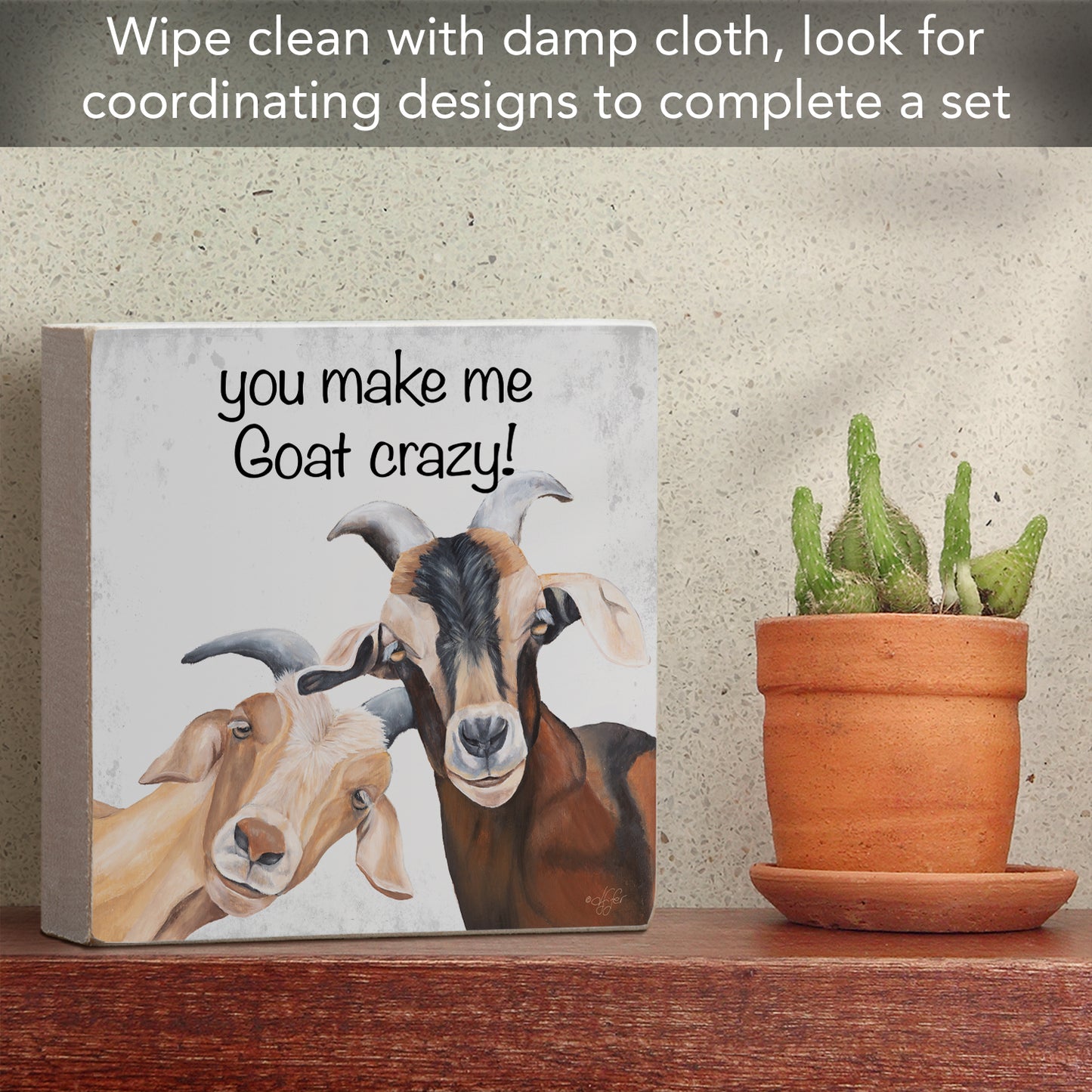 CounterArt Goat Crazy Artistic Freestanding Solid Wood Block Sign Made in the USA 3.75” Square Decorative Accent for Home or Office