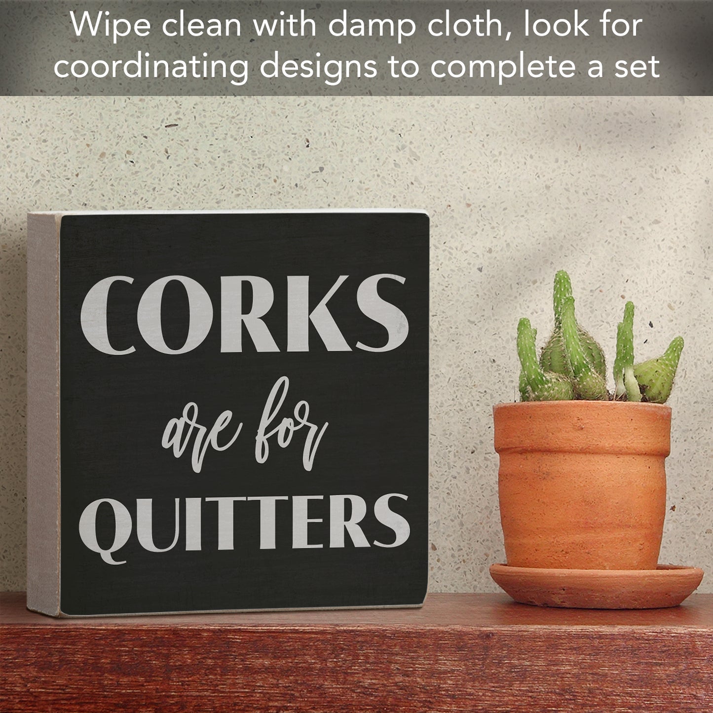 CounterArt Corks Artistic Freestanding Solid Wood Block Sign Made in the USA 3.75” Square Decorative Accent for Home or Office