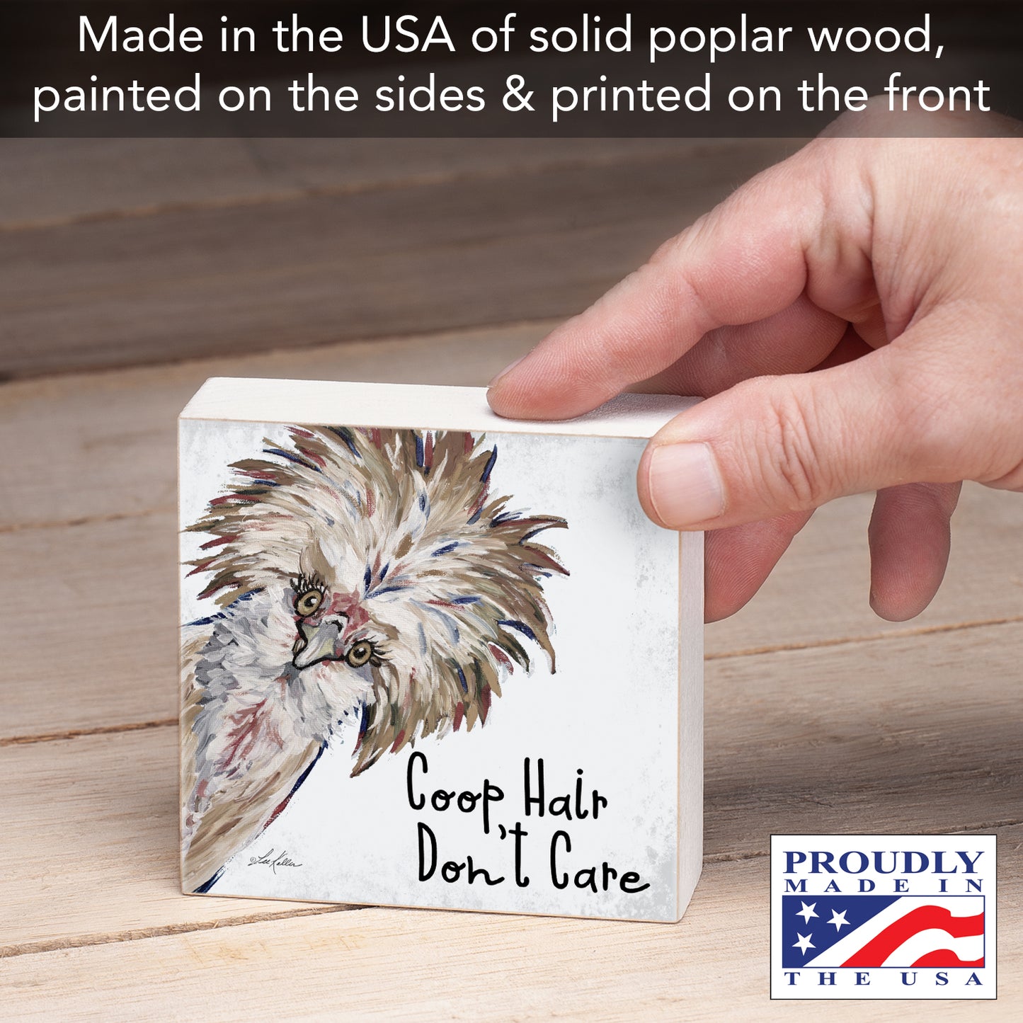 CounterArt Coop Hair Artistic Freestanding Solid Wood Block Sign Made in the USA 3.75” Square Decorative Accent for Home or Office