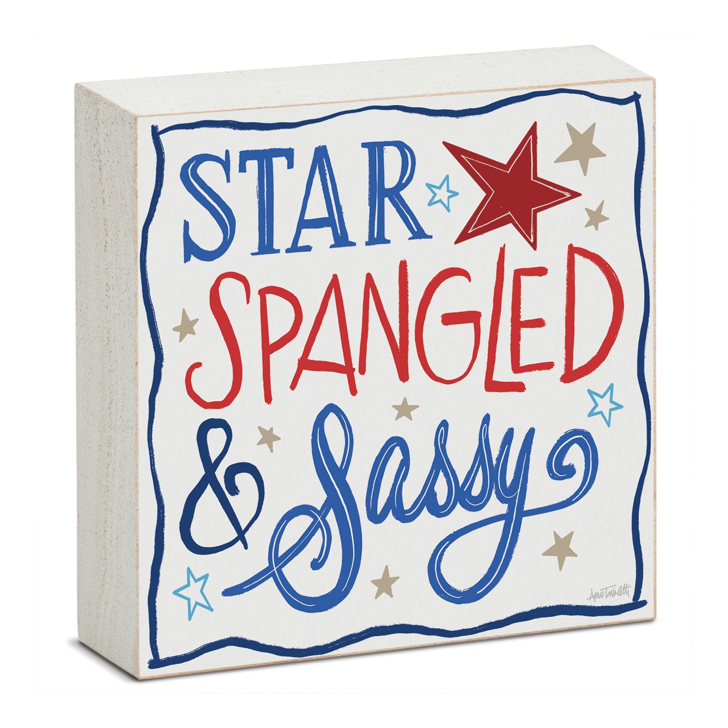 Star Spangled Freestanding Solid Wood Block Sign Made in the USA 3.75” Square