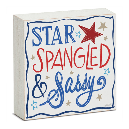 Star Spangled Freestanding Solid Wood Block Sign Made in the USA 3.75” Square