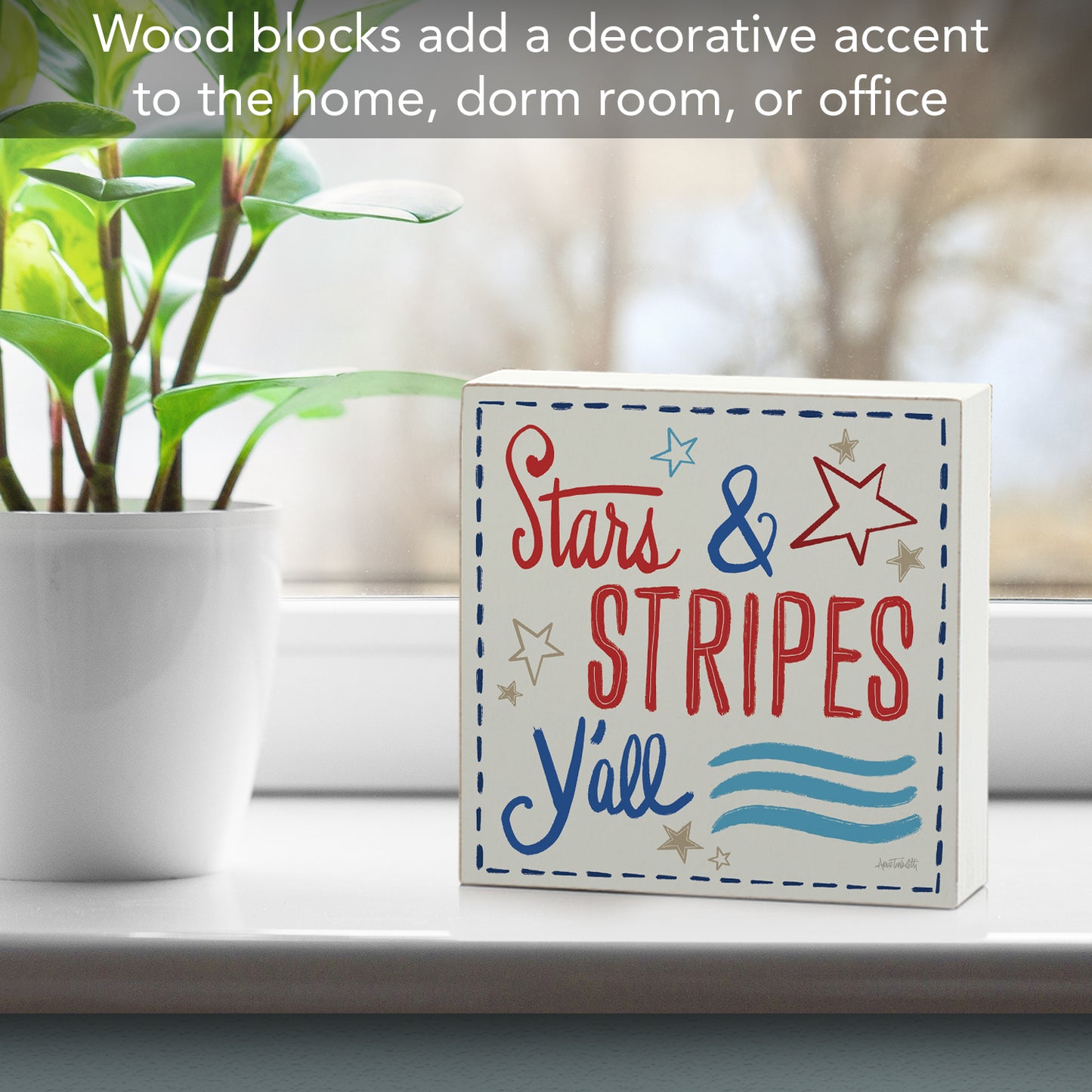 Stars & Stripes Freestanding Solid Wood Block Sign Made in the USA 3.75” Square